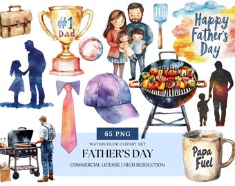 Father’s Day Clipart Bundle Dad Silhouettes BBQ Tools Sports Coffee Tech Fishing Watercolor PNGs Father’s Day Illustrations