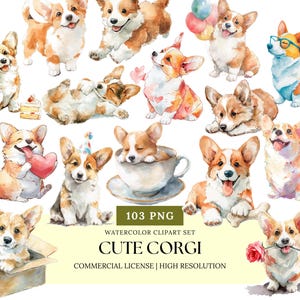 Schattige cartoon Corgi aquarel clipart set puppy hond kunst bundel kawaii huisdier stickers digitaal PNG-pakket