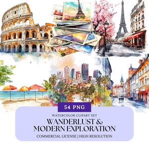 Travel Clipart Set Watercolor Globe Passport Luggage Hot Air Balloon Airplane Beach City PNG Wanderlust Adventure Aesthetic Clipart