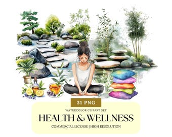Gesundheit und Wellness Clipart Yoga Posen Selbstfürsorge Kräutertee Pflanzen ätherische Öle Meditation Aquarell PNG Bundle