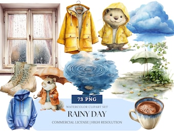 Rainy Day Watercolor Clipart Cozy Rain Aesthetic Digital Stickers Journal Elements Rain Boots Umbrellas Tea Cup Clip Art Set