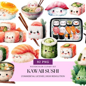 Cute Kawaii Sushi Food Watercolor Clipart Bundle Japanese Ramen Onigiri PNG Boba Soy Sauce Bento Digital Art