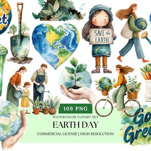 Earth Day Watercolor Clipart Set | Eco Friendly PNG, Save the Planet, Recycle, Go Green, Kids Earth Day Clipart Bundle