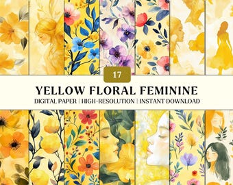 Yellow Floral Watercolor Digital Paper Pack Feminine Pastel Backgrounds Wedding Invitation Paper Mother’s Day Scrapbook Instant Download