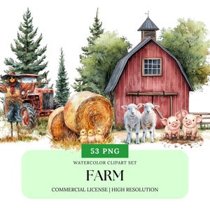 Bauernhof Tier Clipart Set Aquarell Scheune Traktor Kuh Schwein Schaf Huhn Baby Bauernhof PNG Rustikale Bauernhaus Tiere Clip Art