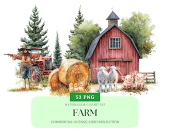 Ensemble de cliparts animaux de la ferme aquarelle grange tracteur vache cochon mouton poulet bébé ferme PNG animaux de la ferme rustique clipart