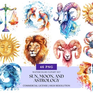 Sun Moon Astrology Clipart Celestial Watercolor Zodiac Signs Constellations Moon Phases Boho Cosmic Stars PNG Mystical Art