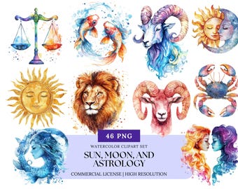 Sun Moon Astrology Clipart Celestial Watercolor Zodiac Signs Constellations Moon Phases Boho Cosmic Stars PNG Mystical Art
