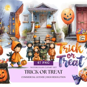 Trick or Treat Essentials Watercolor Clipart Set Halloween Candy Kids Night Costume PNG Bundle for Invites Party Labels Crafts