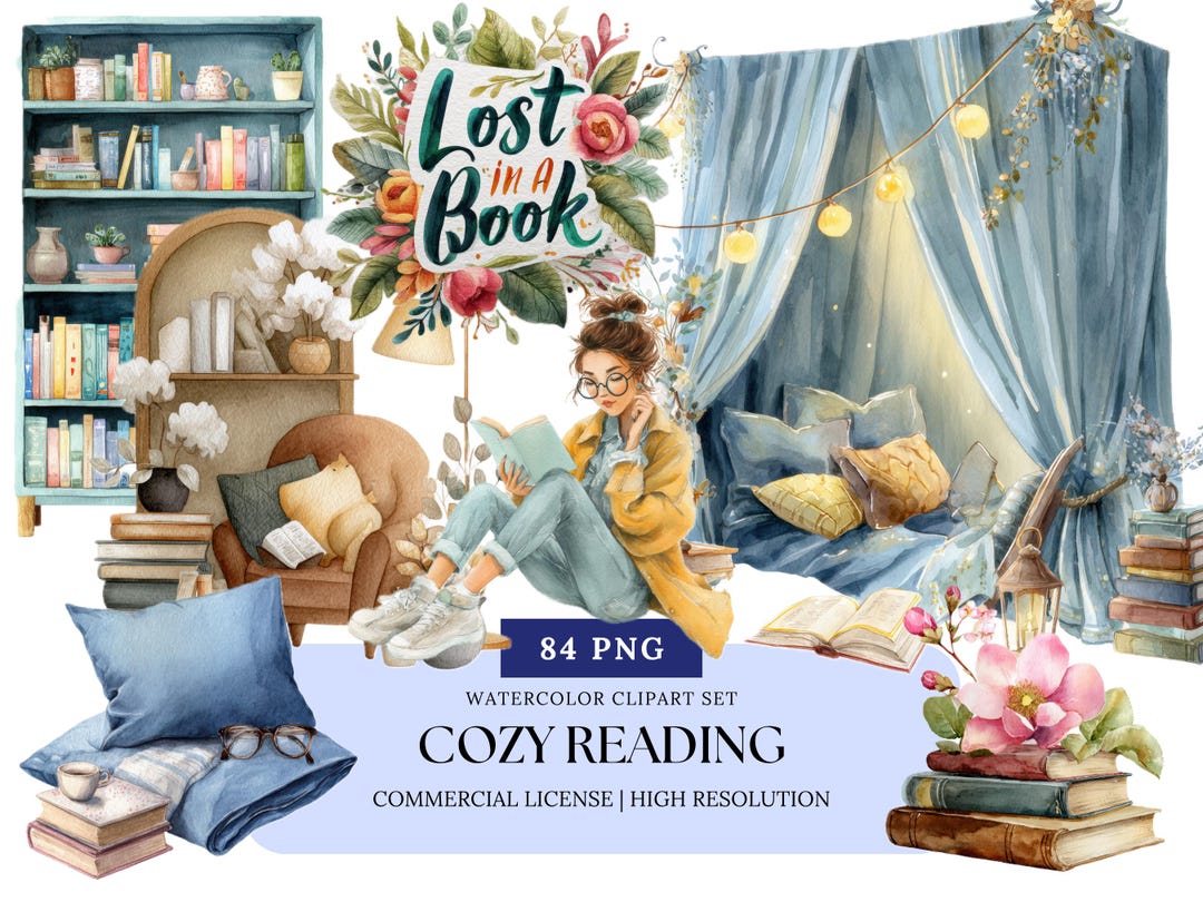 Cozy Book Reading Watercolor Clipart PNG Set for Book Lover Aesthetic ...