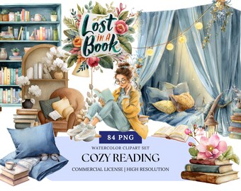 Gezellig boek lezen aquarel clipart png-set voor boekenliefhebber esthetiek, herfstleeshoekje, planner en journaling