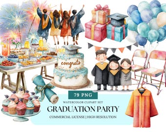 Akvarell clipart-set för examensfest | Klass 2025 PNG-paket, grattis-examensfestdekor, diplom, mössa och klänning, inbjudningsgrafik