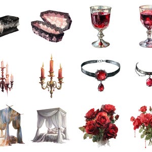 May include: Watercolor illustrations of gothic-themed items. Includes a black coffin with lace trim, a pink-lined coffin, goblets of red liquid, candelabras, a choker with a red gem, a bed with draped fabric, and red roses.