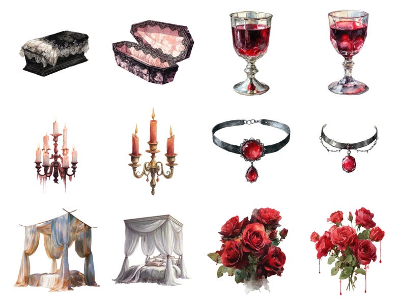 May include: Watercolor illustrations of gothic-themed items. Includes a black coffin with lace trim, a pink-lined coffin, goblets of red liquid, candelabras, a choker with a red gem, a bed with draped fabric, and red roses.