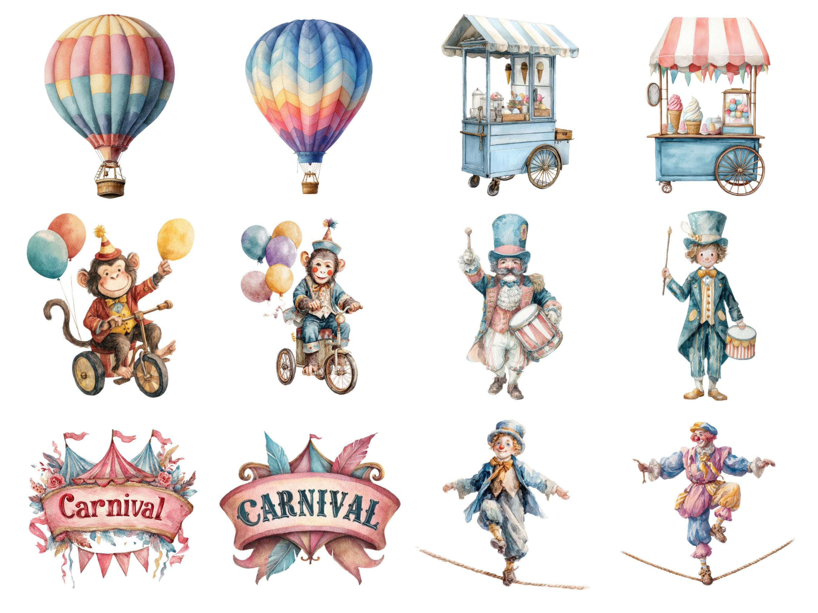 Vintage Circus Watercolor Clipart Bundle Clown Carnival Tent Cotton ...
