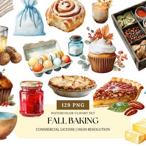 Könnte beinhalten: Aquarell-Clipart-Set mit verschiedenen Elementen des Herbstbackens. Enthält eine Zimtschnecke, einen Cupcake, einen Kuchen, Eier, Gewürze und ein Glas Marmelade. Der Text "FALL BAKING" ist ebenfalls enthalten.