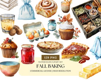 Conjunto de imágenes prediseñadas de acuarela para hornear en otoño, pastel de calabaza, cocina de otoño, PNG, postre acogedor, ilustración de comida, arte de hornear de Acción de Gracias
