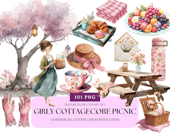 Picnic in the Countryside Watercolor Clipart | Cottagecore Aesthetic Girls, Flowers, Basket, Tea, PNGs for Journaling & Scrapbooking
