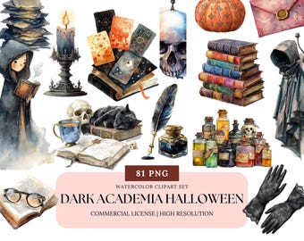 Dark Academia Halloween Clipart Watercolor Aesthetic Books Candle Witch Ghost Cat Potion Gothic Autumn PNG Set
