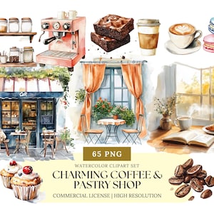 Coffeeshop clipart set aquarel café scène gebak clipart croissant donuts espresso koffiebonen latte art bakkerij clipart png
