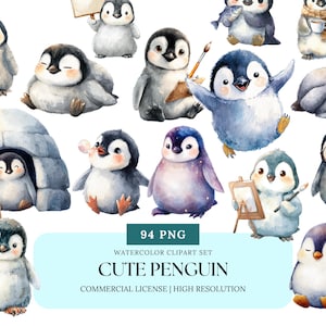 Süßer Pinguin Aquarell Clipart PNG | Kawaii Cartoon Pinguin Bundle | Winter Tiere Clip Art, Aufkleber, digitale Planer Elemente