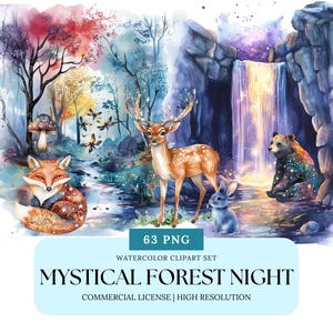 Clipart di notte nella foresta mistica, acquerello, animali luminosi, lucciole, cristalli celesti, costellazioni, set magico PNG