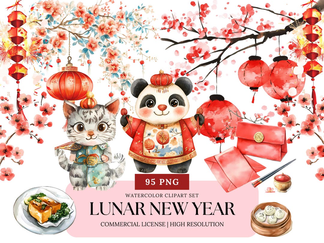 Lunar New Year Watercolor Clipart Chinese New Year Animals Lanterns ...