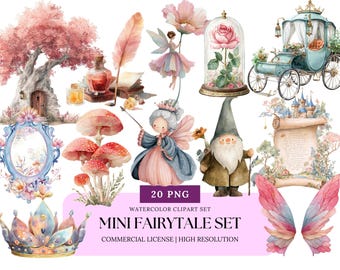 Mini Fairytale Watercolor Clipart Set Vintage Cottagecore Princess Castle Magical Storybook PNG Sample Pack Digital Download