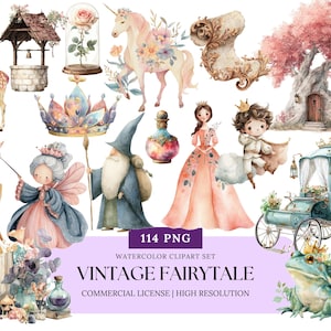 Vintage Fairy Tale Watercolor Clipart Bundle Storybook Princess Forest Castle Magic PNG Enchanted Medieval Fairyland Elements