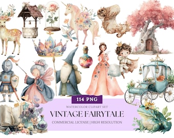 May include: Watercolor clipart set featuring various fairytale elements. Includes a deer, well, rose in a glass, unicorn, scroll, tree, crown, knight, fairy, wizard, princess, prince, carriage, frog, and more. Text reads "Vintage Fairytale".