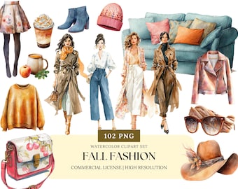 Herfst mode aquarel clipart herfst outfit PNG gezellige trui laarzen meisje koffiekopje stickers digitale planner sublimatie kunst