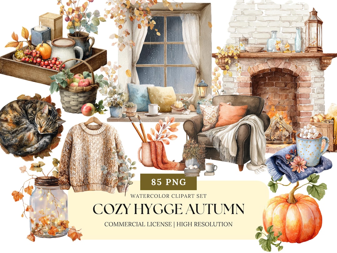Cozy Hygge Autumn Watercolor Clipart Set Fall Books Candles Tea Socks ...