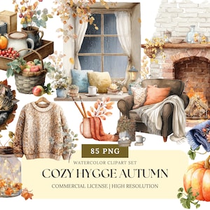 Cozy Hygge Autumn Watercolor Clipart Set Fall Books Candles Tea Socks Leaves Pumpkins Warm Aesthetic PNGs for Stickers & Journals