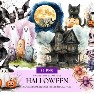 Halloween Watercolor Clipart Set Ghost Pumpkin Witch Cat Spooky Candy Haunted House PNG Halloween Stickers Download