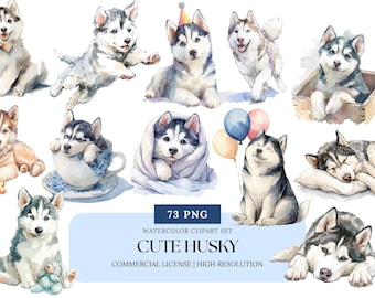 Cute Cartoon Husky Watercolor Clipart Set Dog PNG Bundle Kawaii Puppy Art Stickers Winter Pet Illustrations for Planner Crafts
