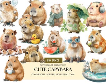 Cute Capybara Watercolor Clipart PNG | Cozy Kawaii Capybara Cartoon Bundle | Vibing Animal Art, Hot Spring, Meme, Digital Sticker Set