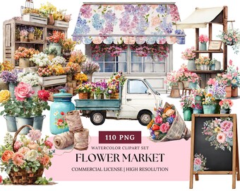 Flower Market Watercolor Clipart Set | Floral Stand & Bouquets PNG, Spring Flower Cart Art, Small Business Flower Shop Bundle