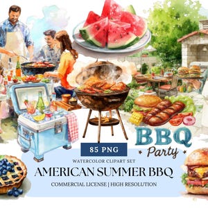 American Summer BBQ Clipart | 4th of July Watercolor PNGs, Backyard Party Food, Picnic Grill, Patriotic Sublimation Set
