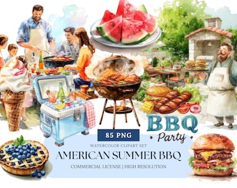 Clipart de barbacoa de verano americana / PNG de acuarela del 4 de julio, comida para fiestas en el jardín, parrilla de picnic, conjunto de sublimación patriótica