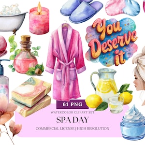 Spa Day Self-Care Watercolor Clipart Set Relaxing Skincare Bath Beauty Wellness PNG for Planner & Branding Use