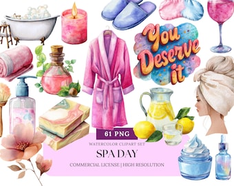 Spa Day Self-Care Watercolor Clipart Set Relaxing Skincare Bath Beauty Wellness PNG for Planner & Branding Use