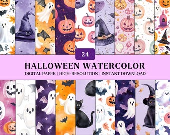 Halloween Watercolor Digital Paper Pack Spooky Witch Ghost Black Cat Candy Scrapbook Paper Halloween Backgrounds Instant Download