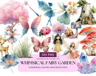 May include: Watercolor clipart set featuring whimsical fairy garden elements. Includes fairies, butterflies, mushrooms, a deer, flowers, and a treehouse. The text reads "WHIMSICAL FAIRY GARDEN" and "103 PNG".