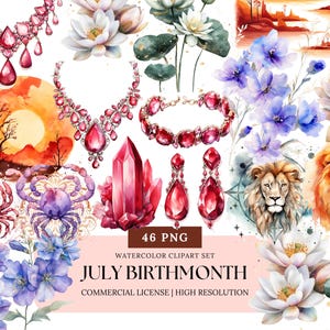 July Birth Month Clipart Watercolor Ruby Larkspur Water Lily Cancer Leo Zodiac Sign PNG Digital Download
