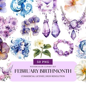 Naissance février mois des cliparts aquarelle violet primevère améthyste Verseau poissons signe du zodiaque PNG en téléchargement numérique