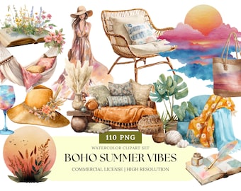 Boho Summer Clipart Set Watercolor Aesthetic PNG Beach Picnic Decor Rattan Outfit Sunset Vibes Trendy Planner Art Stickers