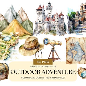 Könnte beinhalten: Aquarell-Clipart-Set mit Illustrationen zum Thema Outdoor-Abenteuer. Enthält ein Schloss, Berge, eine Karte, ein Teleskop, einen Hut, ein Fernglas und eine Schatztruhe. 43 PNG-Dateien. Kommerzielle Lizenz. Hohe Auflösung.