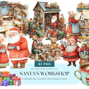 Pode incluir: Conjunto de cliparts em aquarela com a oficina do Papai Noel. A imagem mostra o Papai Noel, a Sra. Claus, elfos e vários itens de Natal, como presentes, brinquedos e uma caneca de chocolate quente. O texto na imagem diz "SANTA'S WORKSHOP".