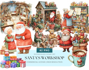 Santa’s Workshop Watercolor Clipart Christmas Elves Toys Gifts North Pole PNG Santa’s List Holiday Art Set Christmas Clipart