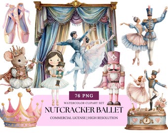 Nutcracker Ballet Watercolor Clipart Set Clara Sugar Plum Fairy Christmas Ballet PNG Vintage Nutcracker Scene Art